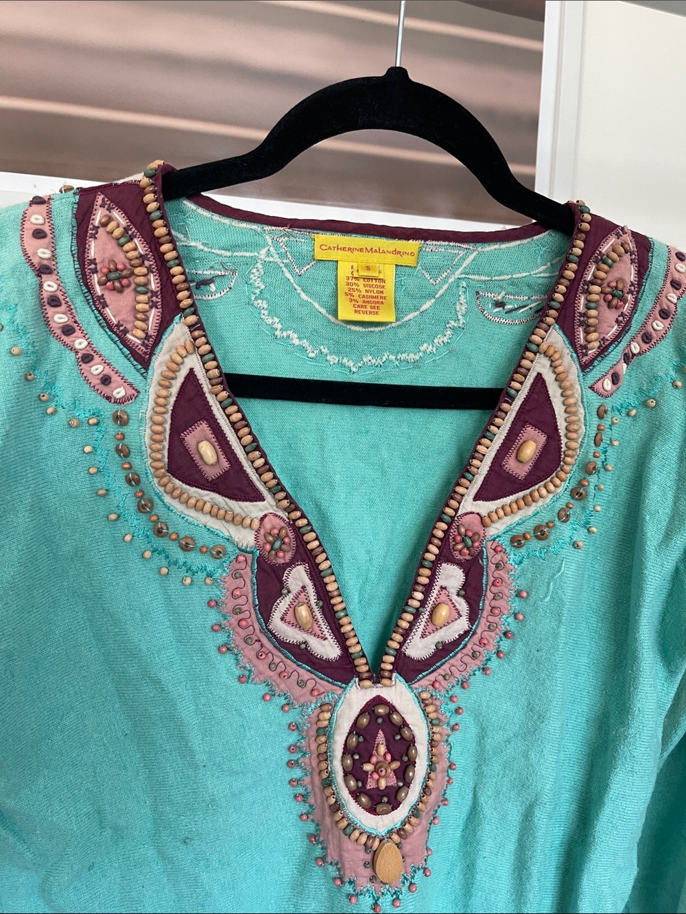 Catherine Malandrino Aqua Embellished V-Neck Tunic with Pink & Maroon Accents